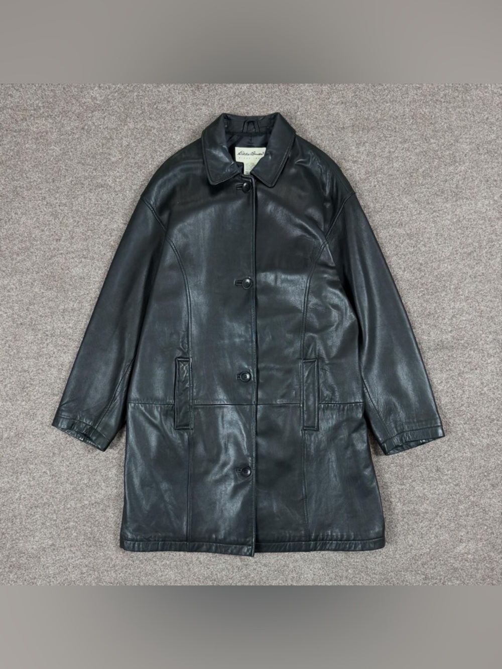 Eddie Bauer Black Leather Car Coat Women’s Large Mid Length Button Front Trench